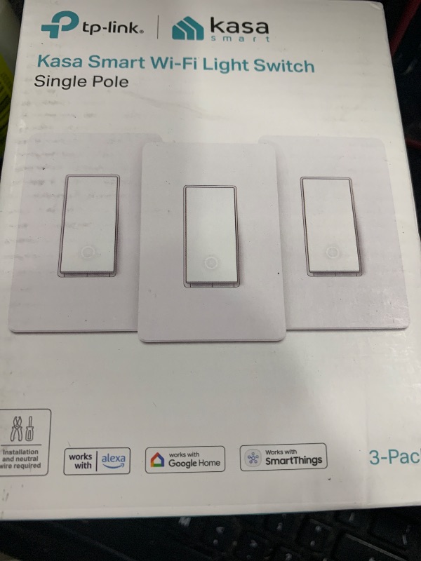 Photo 1 of Kasa Smart Light Switch HS200P3, Single Pole, Needs Neutral Wire, 2.4GHz Wi-Fi Light Switch Works with Alexa and Google Home, UL Certified, No Hub Required, 3 Count -Pack of 1 , White