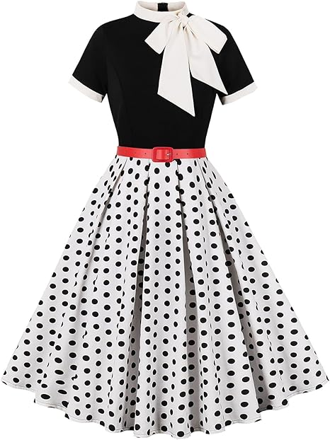 Photo 1 of 50s Style Dresses for Women Vintage Short Sleeve Tie Neck Swing Dress Midi Prom Dress with Belt