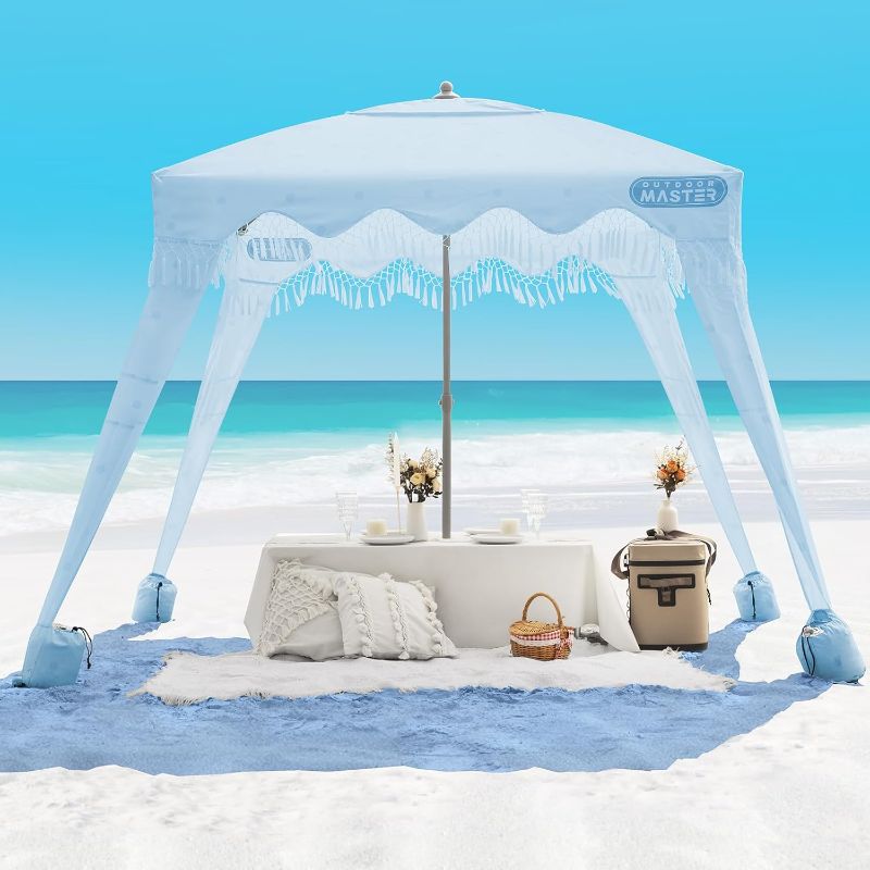 Photo 1 of Beach Cabana with Fringe, Portable 6' x 6' Sun Canopy, Easy Set Up Shelter Tent, Included Side Wall, UPF 50+ UV Protection Sun Umbrella - for Kids, Family & Friends -Wave Point