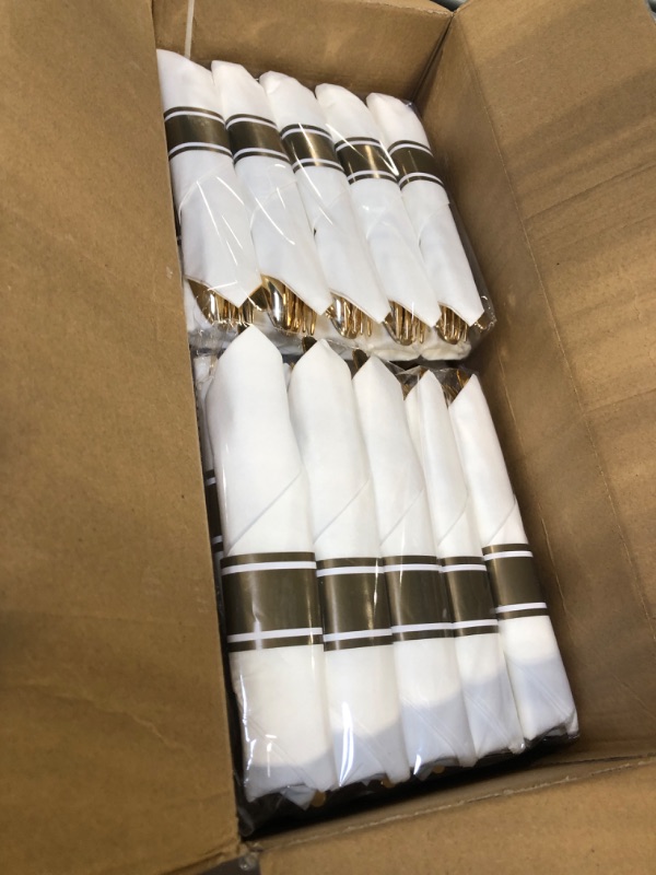 Photo 1 of Liacere 350PCS Bule Plastic Plates - Disposable Bule and Gold Plates 50guest Baroque Plastic Dinnerware include 100Plates, 50Pack Pre Rolled Napkins with Silverware 50Cups for Wedding&Easter