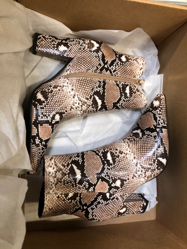 Photo 1 of ***smell like tier rubber, SIZE 7.5*** SHEMEE Women's Snakeskin Chunky High Heels Booties Pointed Toe Block Heel Snake Print Side Zipper Ankle Boots(Light Brown,us 7.5)
