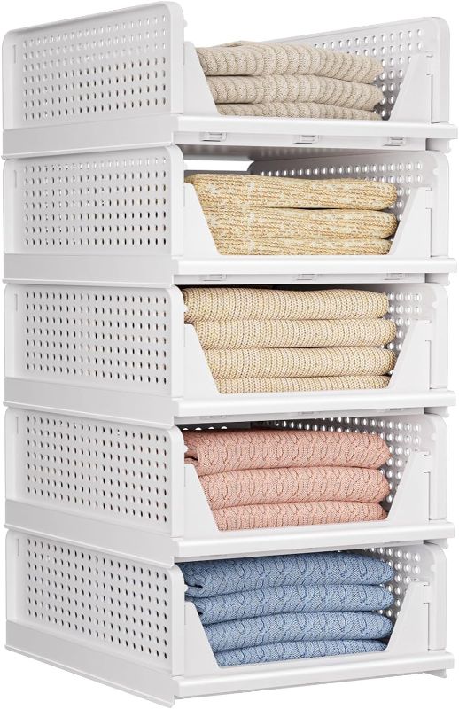Photo 1 of 5 Pack Folding Closet Organizers Storage Box, Stackable Storage Bins, Plastic Drawer Basket Closet Storage for Wardrobe Cupboard Kitchen Bathroom Office White-5L
