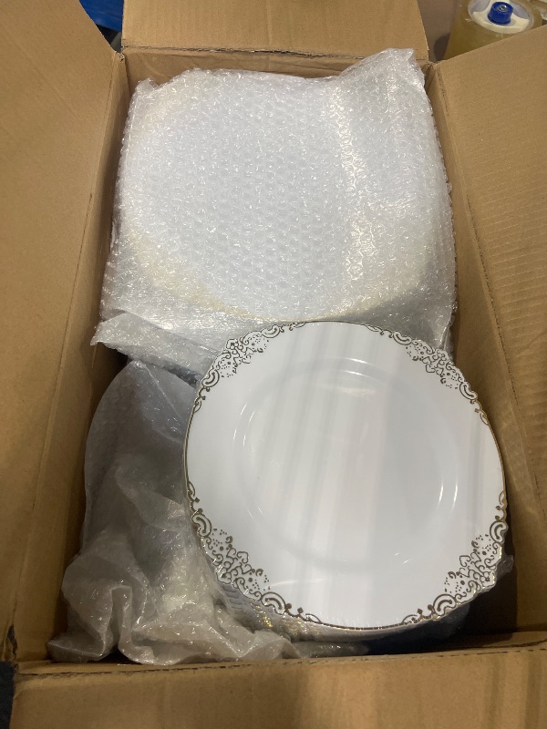 Photo 1 of 200 PCS White and Gold Plastic Plates for 100 Guests, Elegant Disposable Plates for Party and Gatherings