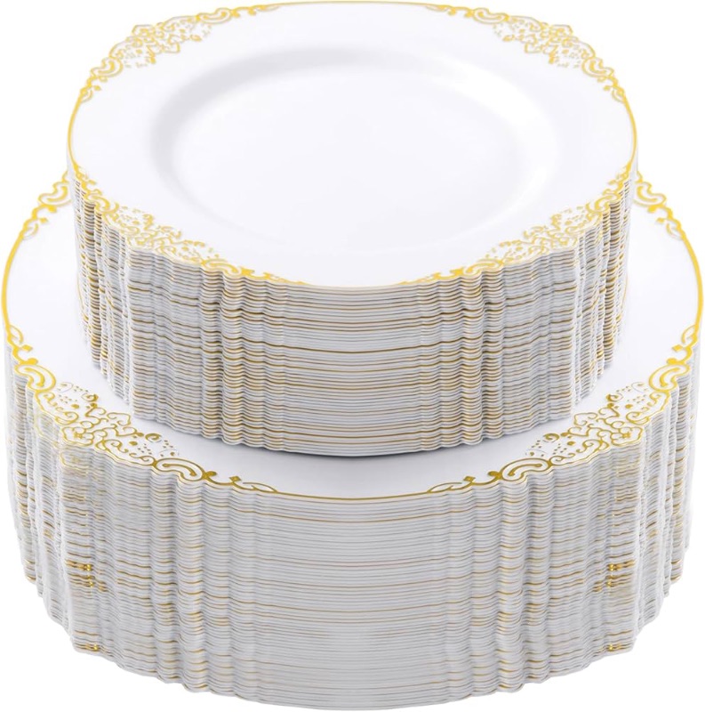 Photo 1 of 200 PCS White and Gold Plastic Plates for 100 Guests, Elegant Disposable Plates for Party and Gatherings