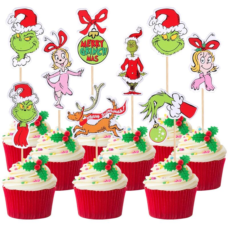 Photo 1 of 36Pcs Merry Christmas Cupcake Toppers for Christmas Birthday Party Decorations Whoville Decorations Party Supplies
