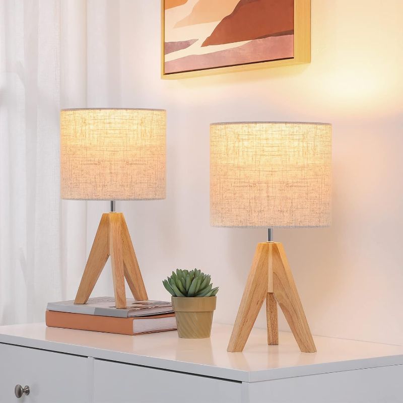Photo 1 of EDISHINE Pack of 2 Wooden Night Lamps, Tripod Table Lamp with E27 Base, Vintage Beige Linen Shade for Bedroom Decorative Living Room Gift