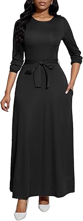 Photo 1 of Women's Long Sleeve Crewneck Casual Maxi Dress Belted High Waist Long Dresses with Pockets (SIZE MEDIUM)