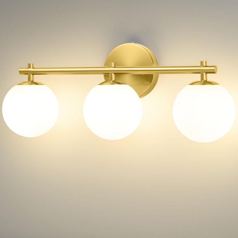 Photo 1 of 3-Light Brass Gold Bathroom Vanity Light Fixture, Mid-Century Bathroom Vanity Lights Over Mirror, Dimmable Antique Brass Vanity Light forBathroom with Frosted Milk Globe Glass, G9 Base