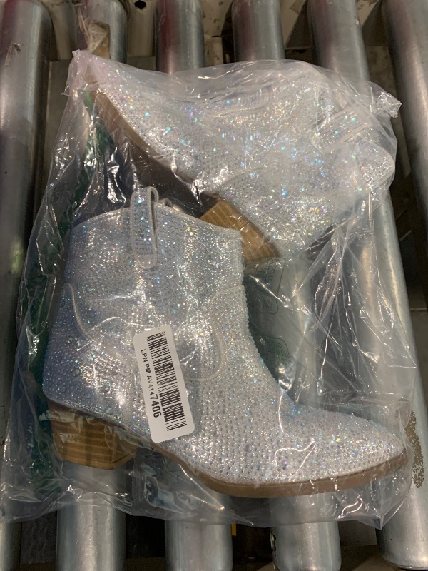 Photo 1 of ABSOLEX Girl's Cowboy Cowgirl Rhinestone Block Chunky Heel Ankle Bootie, Silver, 2