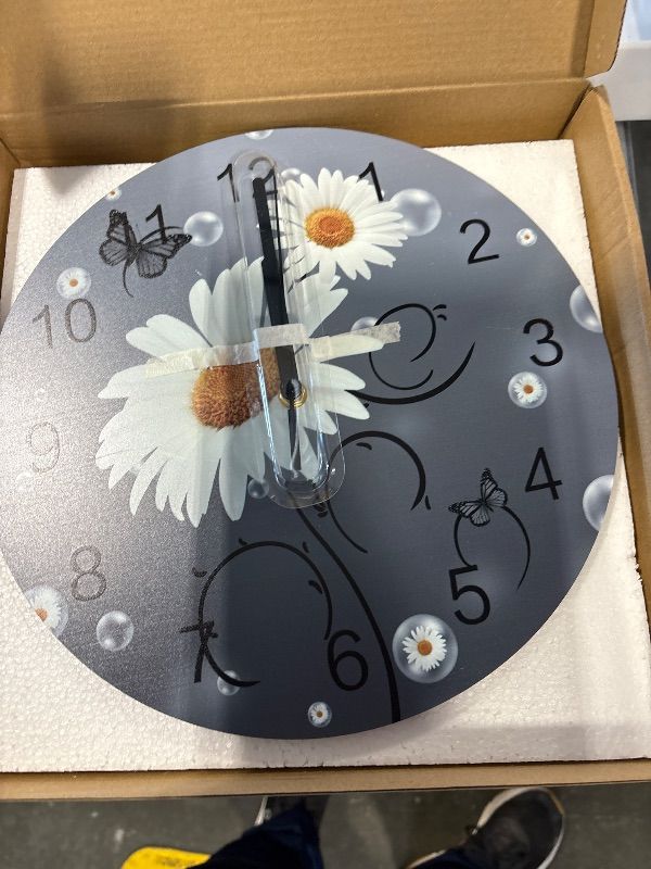 Photo 1 of 12 Inch Silent Round Wooden Wall Clock Yellow Daisy Butterfly Bubble Gray Background Battery Operated Wall Clock Non-Ticking Quartz Decoration Wall Clocks for Home Bedroom Living Room Office
