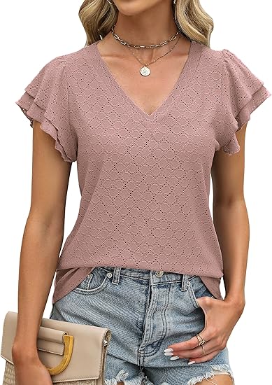 Photo 1 of BMJL Womens Tops Dressy Casual Knit Eyelet V Neck T Shirts Ruffle Short Sleeve Blouses for Women (Black, 2XL)
