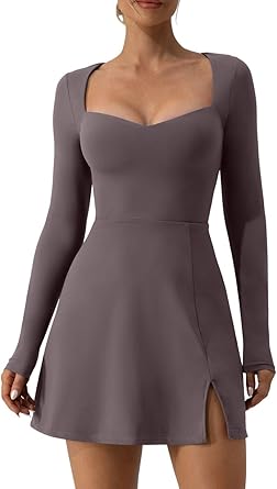 Photo 1 of QINSEN Women's Sweettheart Neckline Long Sleeve Dress Side Slit Stretch Flare Mini Dress Size XL Color Tea Leaf.