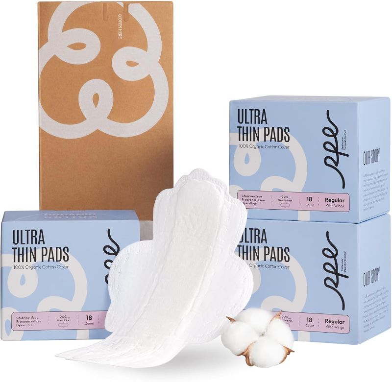 Photo 1 of 100% Organic Pads for Women 40ct, Ultra Thin Unscented Feminine Period-Pads with Wing, Regular Absorbency Sanitary Pad, Organic Cotton Pad Menstrual 