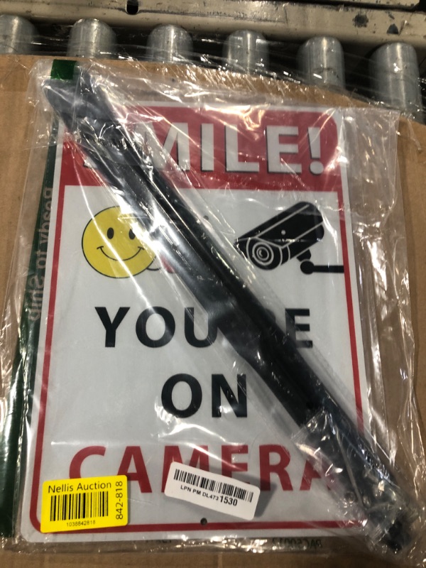 Photo 1 of 14 X 10 Inches Large Smile You're on Camera Video Surveillance Metal Aluminum Sign with 36 inches Heavy Duty Steel Stake for Home, Yard, Driveway Alert, 2 pre-drilled holes, Includes Matching Screws & Wrench