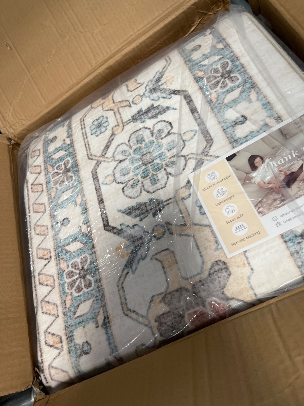 Photo 1 of 10x14 Area Rugs Living Room: Washable Boho Large Neutral Vintage Soft Rug Stain Resistant Farmhouse Non Slip Indoor Floor Carpet for Bedroom Nursery Kids Playroom Office Dining Room- Cream Blue