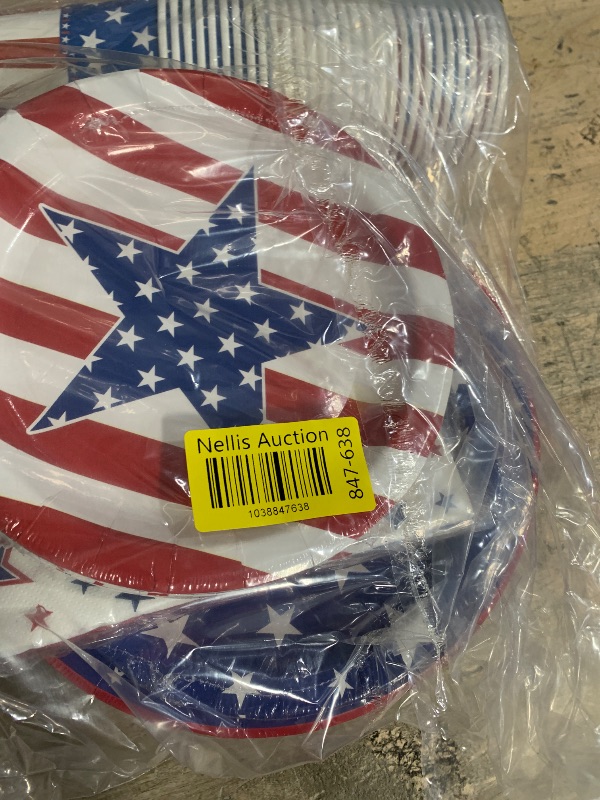 Photo 1 of 120 PCS 4th of July Party Supplies Plates Set,Patriotic American Flag Tableware Include Plates,Napkins and Cups for Veterans Day Election Day 4th of July Independence Day Decorations(Serve 30)