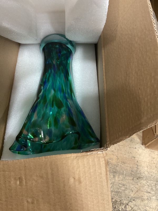 Photo 1 of 9.0" H Teal Glass Vases for Flowers, Hand Blow Glass Vase Teal Home Decor, Wide Mouth Green Flower Vase Centerpieces, for Bookshelf,Dinner Table,Indoor Office Desktop,Meeting Room,Bathroom,Countertop