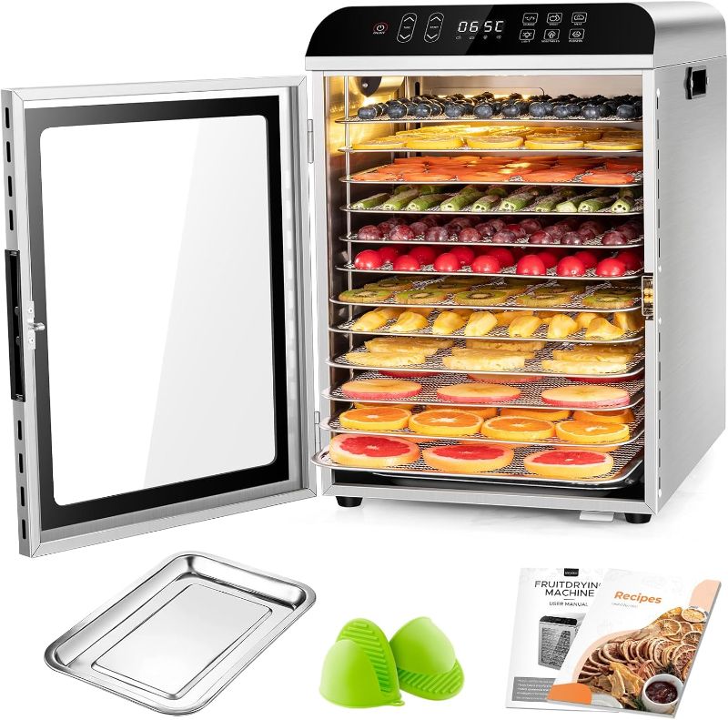 Photo 1 of ***FINAL SALE NO REFUND, SEE NOTES***   Kwasyo Food Dehydrator 12 Trays, 4 Presets for Fruits, Veggies, Meats, Flowers, 90°C Temperature Control, 24H Timer, 800W Dehydrator Machine, Stainless Steel, Recipe Included
