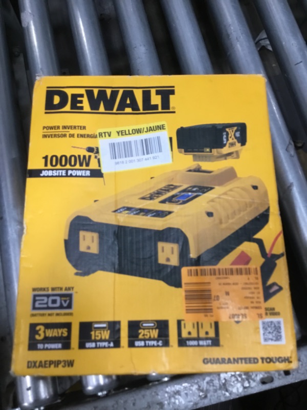 Photo 1 of DEWALT DXAEPIP3W 20V, 3-Way Powered (Cables, Battery, DC Plug) 1000 Watt Power Inverter; Dual AC Outlets, 1 USB-A Port, & 1 USB-C 30W Port