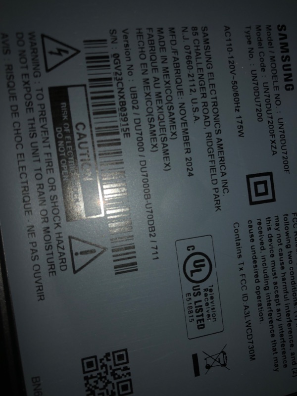 Photo 1 of ***************SCREEN DAMAGED, NON-FUNCTIONAL, FINAL SALE*************
Samsung 70-Inch Class Crystal UHD 4K DU7200 Series HDR Smart TV w/Object Tracking Sound Lite, PurColor, Motion Xcelerator, Mega Contrast, Q-Symphony (UN70DU7200, 2024 Model)