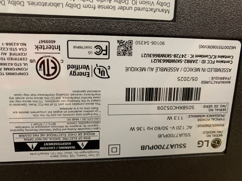 Photo 1 of **************SCREEN DAMAGED, NON-FUNCTIONAL, FINAL SALE***************
LG 55-Inch Class UHD AI 4K UA77 Series Smart TV w/AI Sound Pro, HDR10, 4K Super Upscaling, Filmmaker Mode, Wow Orchestra, Compatible with Alexa (55UA7700PUB, 2025)