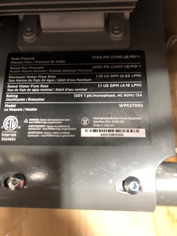 Photo 1 of **Parts Only**Westinghouse WPX2700e Electric Pressure Washer, 2700 PSI and 1.76 Max GPM, Induction Motor, Onboard Soap Tank, Spray Gun and Wand, 5 Nozzle Set, for Cars/Fences/Driveways/Homes/Patios/Furniture