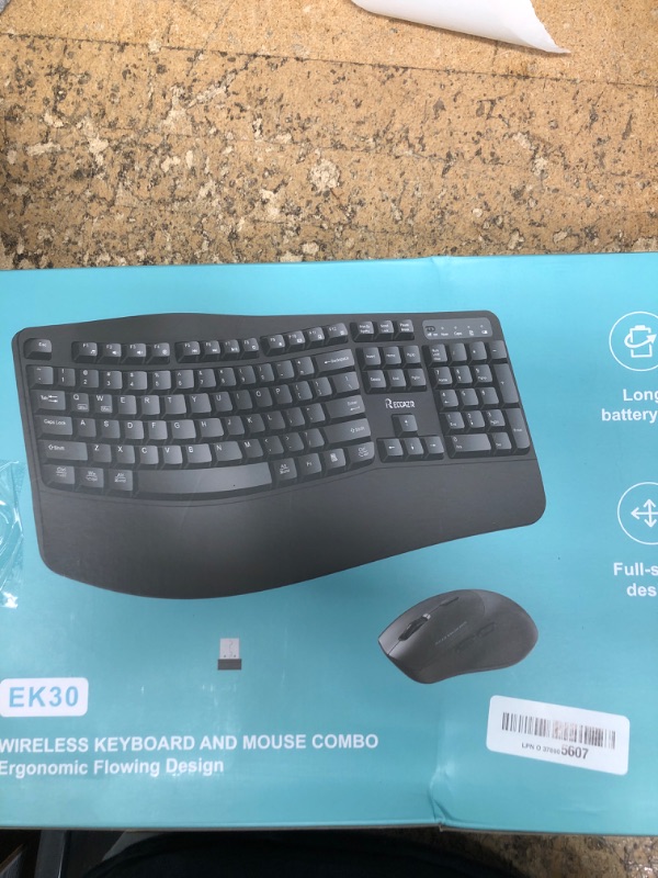 Photo 1 of (MISSING DONGLE) (USED/FAIR) Wireless Keyboard and Mouse Combo,2.4G Full Size Wave Keys Ergonomic Keyboard with Wrist Rest for Natural Typing, 3 DPI Adjustable Ergonomic Silent Mouse for Computer/Laptop/Windows/Mac (Black)