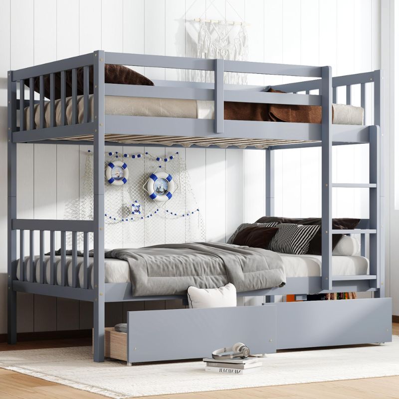 Photo 1 of ** Only box #1, Missing box #2 ** Twin Over Twin Bunk Bed with Storage Drawers, Solid Wood bunk Bed with Ladders and Raised Guardrails for Kids, Convertible into 2 Twin Beds, Bunk Bed Twin Over Twin, Grey