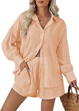 Photo 1 of *TOP ONLY* Summer Women´s Two-Piece Tracksuit Long Sleeve Button Down Shirts Top+ Drawstring Elastic Waist Shorts Beach Sets