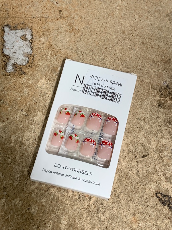 Photo 1 of 4th of July Press on Nails Short Square Fake Nails Red Blue French Tip Design Glue on Nails Star Full Cover False Nails Summer Patriotic Stick on Nails for Independence Day Manicure Tips