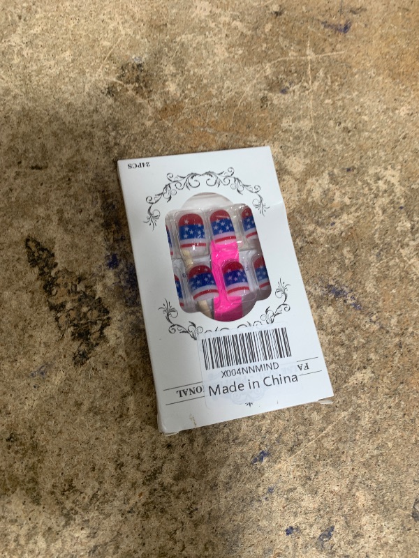 Photo 1 of 4th of July Press on Nails Short Square Patriotic Fake Nails False Nails with Designs American Flag Glitter White Blue Red Glossy Glue on Nails Acrylic Nails for Women Girls 24Pcs