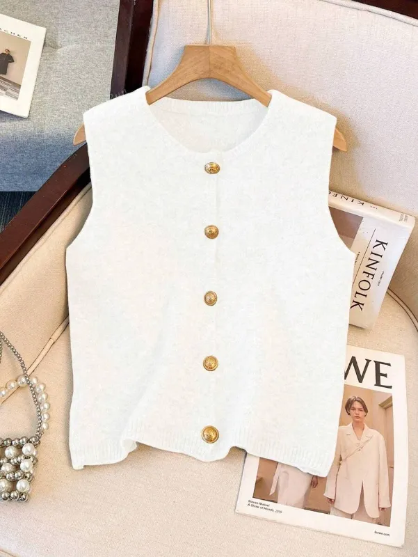 Photo 1 of **PHOTO FOR REFERENCE NECKLINE IS MORE V NECK** 1pc Minimalist Solid Color Soft Gentle Metal Button Decor Knit Vest, Round Neck Fashion Sweater Vest, Autumn/Winter Color White