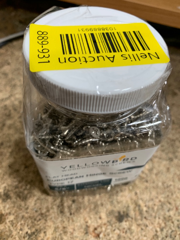 Photo 1 of ***(MISSING PARTS)***Yellowbird #6 x 5/8" European Concealed Hinge Screw - Flat Head Phillips - Type 17 - Nickel Wood - Bit Included - 1000 Ct.