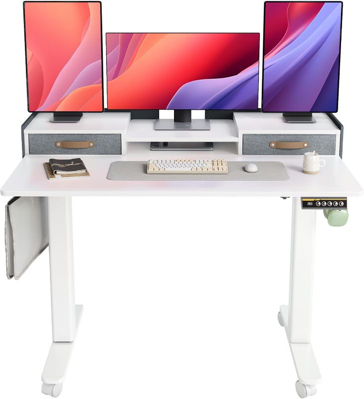 Photo 1 of YDN Electric Standing Desk with Drawers, Adjustable Height Stand Up Desk, 48 inch Electric Sit Stand Computer Desk for Home Office, White
