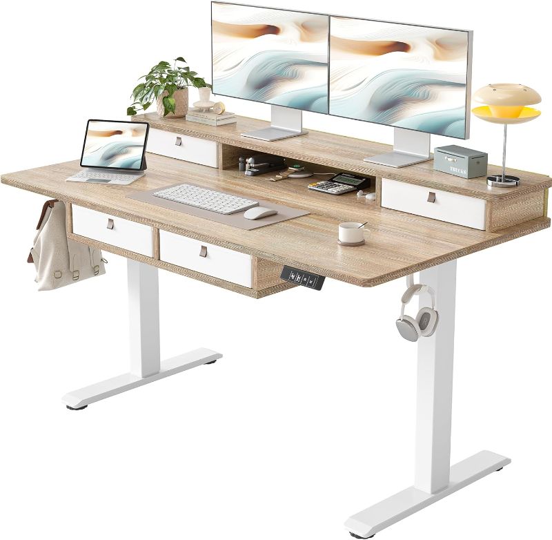 Photo 1 of TIQLAB 55 * 28 Inch Standing Desk with Four Drawers, Stand Up Standing Desk Adjustable Height, Electric Sit Stand Desk with Storage Shelf and Splice Board, Maple
