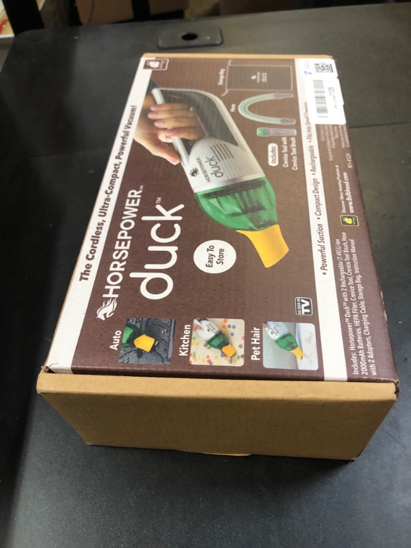 Photo 1 of Duck Compact Cordless Vacuum by Horsepower, Ultra-Powerful, Strong Suction, AS-SEEN-ON-TV, Easy To Store, Rechargeable. Home, Auto, Pet Hair, Fits In Tiny Crevices, Includes Hose, Crevice Tool & Brush