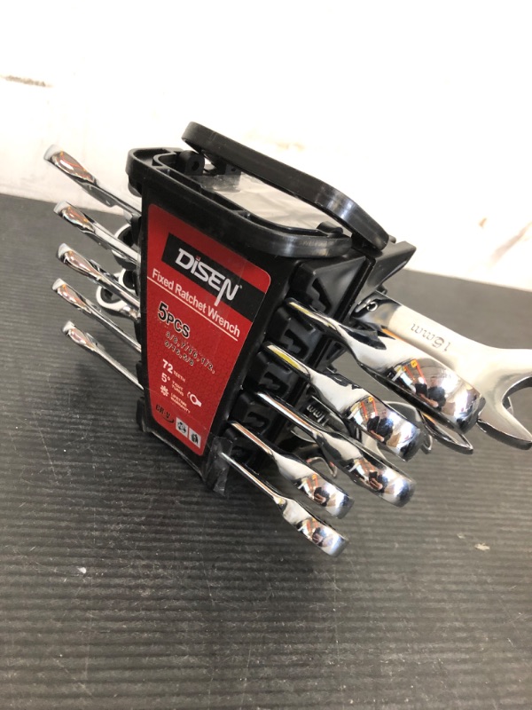 Photo 1 of DISEN 10Pcs Ratcheting Wrench Set SAE & Metric Ratchet Wrench Set with Rack Organizer, Premium CR-v Steel, 12 Point, 72 Teeth,Box End and Open End Ratcheting Wrench Set,Metric 10-15mm&SAE 3/8''-5/8''