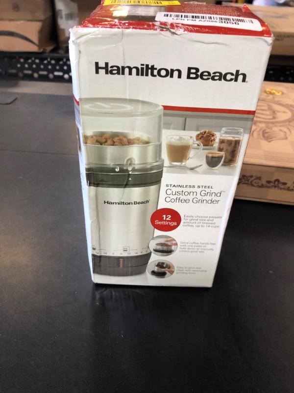 Photo 2 of Hamilton Beach Custom Grind Electric Coffee Grinder for 4-14 Cups, One-Press Hand-Free Operation with Auto Shutoff, Removable Grinding Bowl For Easy Pour and Clean, Stainless Steel (80406)