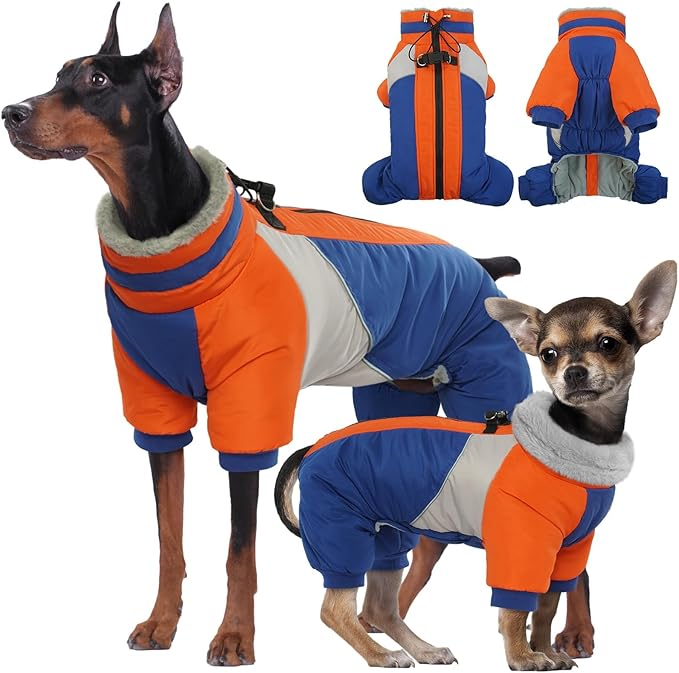 Photo 1 of Kuoser Fullbody Dog Coat - Large Dog Winter Coat with Built-in Harness, Reflective Jacket, Snowsuit for Shiba Inu, French Bulldog (Blue M)