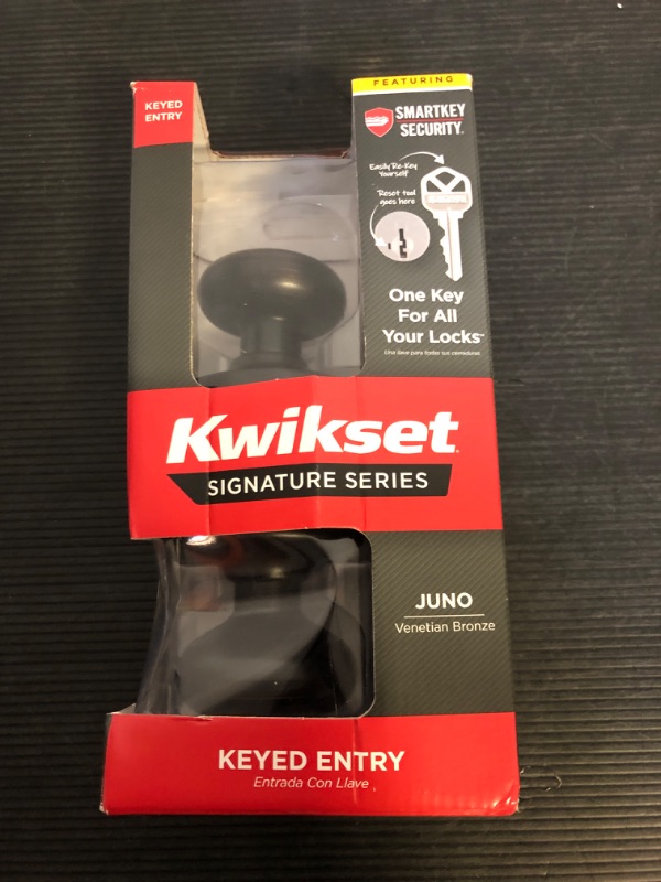View 2 of Kwikset Juno Entry Door Knob with Lock and Key, Secure Keyed Handle Exterior, Front Entrance and Bedroom, Venetian Bronze, Pick Resistant SmartKey Rekey Security and Microban