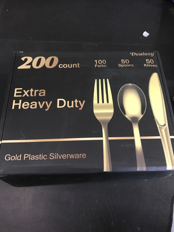 Photo 2 of Dealusy 200 Count Heavy Duty Gold Plastic Silverware, 100 Forks, 50 Spoons, 50 Knives, BPA-Free, Heat Resistant, Disposable Gold Plastic Utensils Set, Gold Plastic Cutlery Set, Plasticware Bulk