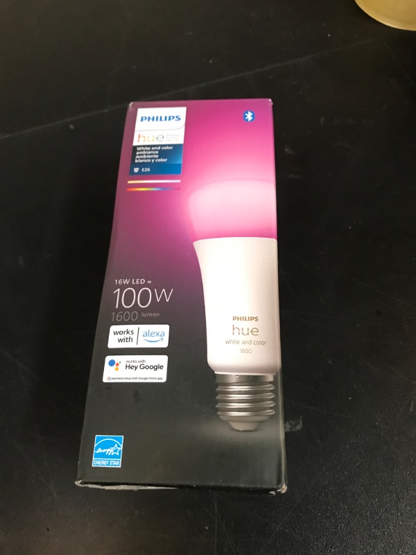 Photo 1 of Philips Hue Smart 100W A21 LED Bulb - White and Color Ambiance Color-Changing Light - 1 Pack - 1600LM - E26 - Indoor - Control with Hue App - Works with Alexa, Google Assistant and Apple Homekit