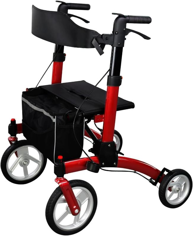 Photo 1 of Rollator Walkers for Seniors, Ultra Folding Rollator Walker with Seat 10" Front TPU Soft Wheels, Medical Rollator Walker with Comfort Handles and Foam Padded Backrest & Durable Brakes (Red)