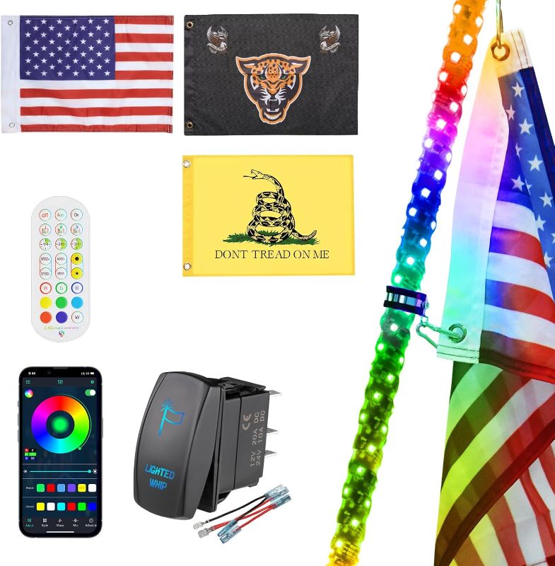 Photo 1 of 1 Pack 6FT Whip Lights,LED Whip Light with App & Remote Control, Spiral RGB Chasing Lighted Whips with Rocker Switch, Music Whip Light for UTV ATV Polaris RZR Can-Am SXS Truck
