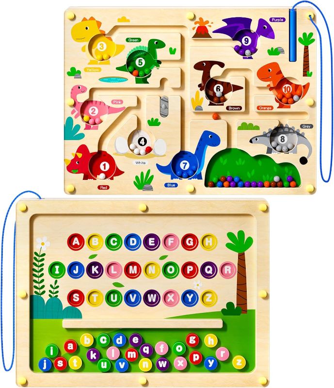 Photo 1 of 2 in 1 Magnetic Color and Number Maze Magnet Alphabet Counting Dinosaur Double Sided Board Wood Puzzle Fine Motor Skills Montessori Preschool Toys Gifts for Boys and Girls 3-5 Age (Dinosaur, One Size)
