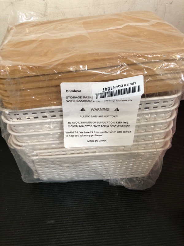 Photo 1 of Plastic Storage Baskets With Bamboo Lid - Plastic Storage Containers Stackable Storage bins: Storage Baskets for Organizing Shelves Drawers Desktop Closet Playroom Classroom Office, 6 Pack