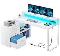 Photo 1 of YITAHOME L Shaped Desk with Power Outlets & LED Lights & File Cabinet, 55" Corner Computer Desk with 3 Drawers and 2 Storage Shelves, Home Office Desk with Monitor Stand, White