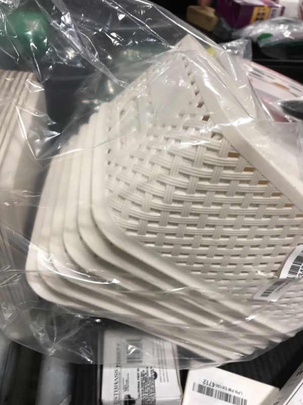 Photo 1 of Bagnizer Small Plastic Twill Woven Storage Baskets with Lids, Stackable Organizing Containers with Labels for Pantry Closet Office, 6-Pack,10.35"x7.3"x4.09", White