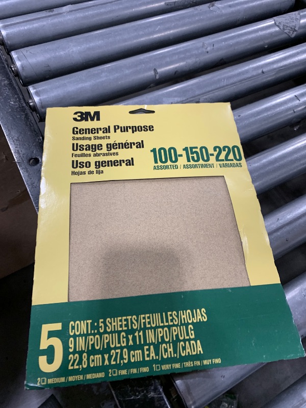 Photo 1 of 3M Aluminum Oxide Sandpaper, 5 Sheets, Assorted Grit 100-150-220, 9-in x 11-in, Multi-Purpose Abrasive Sanding Paper, For General Purpose Sanding On Paint, Wood and Metal (9005NA)