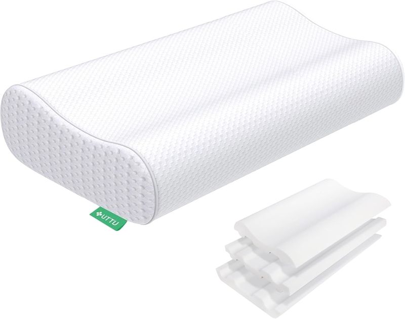 Photo 1 of UTTU Cervical Pillow for Neck Strain Relief, Memory Foam Neck Pillow for Sleeping, Adjustable Orthopedic Sandwich Pillow, Contour Cooling for Side Back Stomach Sleeper, Queen(23.6"×14"×4.7"/3.9")
